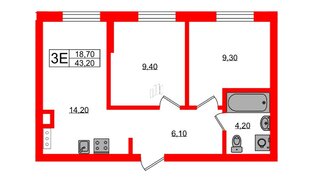 Квартира в ЖК «River Park», 2 комнатная, 43.2 м², 1 этаж