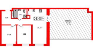 Квартира в ЖК «River Park», 2 комнатная, 64.2 м², 7 этаж