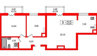 Квартира в ЖК «Речной Парк», 3 комнатная, 63.8 м², 7 этаж