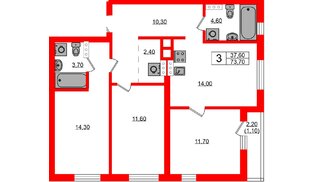 Квартира в ЖК «Речной Парк», 3 комнатная, 73.7 м², 7 этаж