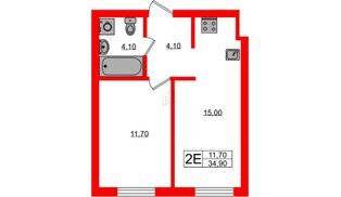 Квартира в ЖК «River Park», 1 комнатная, 34.9 м², 1 этаж