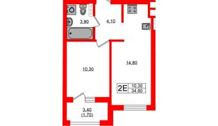 Квартира в ЖК «Речной Парк», 1 комнатная, 34.8 м², 3 этаж