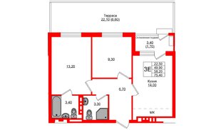 Квартира в ЖК Кроны и Волны, 2 комнатная, 58.2 м², 1 этаж