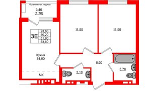 Квартира в ЖК «Кроны и Волны», 2 комнатная, 51.9 м², 2 этаж