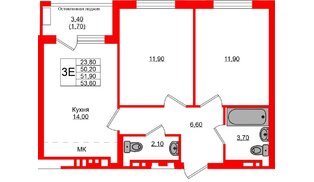 Квартира в ЖК Кроны и Волны, 2 комнатная, 51.9 м², 4 этаж
