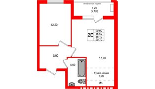 Квартира в ЖК Кроны и Волны, 2 комнатная, 48.1 м², 2 этаж