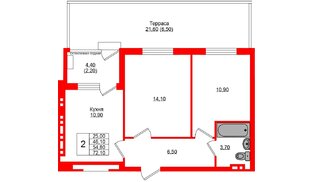 Квартира в ЖК «Кроны и Волны», 2 комнатная, 54.8 м², 1 этаж