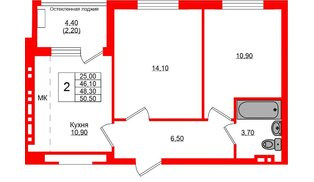 Квартира в ЖК «Кроны и Волны», 2 комнатная, 48.3 м², 2 этаж