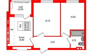 Квартира в ЖК «Кроны и Волны», 2 комнатная, 48.3 м², 3 этаж