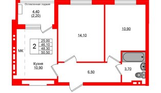 Квартира в ЖК «Кроны и Волны», 2 комнатная, 48.3 м², 4 этаж