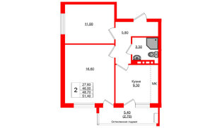 Квартира в ЖК Кроны и Волны, 2 комнатная, 48.7 м², 2 этаж