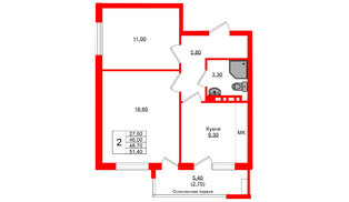 Квартира в ЖК Кроны и Волны, 2 комнатная, 48.7 м², 3 этаж