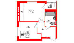 Квартира в ЖК Кроны и Волны, 1 комнатная, 33.3 м², 2 этаж