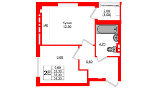 Квартира в ЖК Кроны и Волны, 1 комнатная, 33.3 м², 3 этаж
