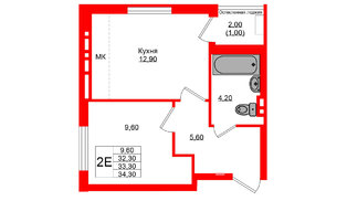 Квартира в ЖК Кроны и Волны, 1 комнатная, 33.3 м², 4 этаж