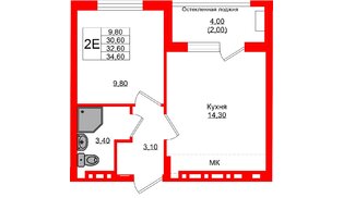 Квартира в ЖК «Кроны и Волны», 1 комнатная, 32.6 м², 3 этаж