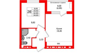 Квартира в ЖК «Кроны и Волны», 1 комнатная, 32.6 м², 4 этаж