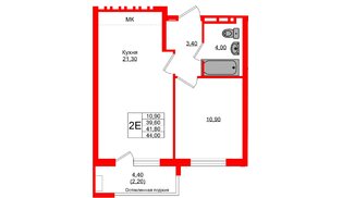 Квартира в ЖК Кроны и Волны, 1 комнатная, 41.8 м², 2 этаж