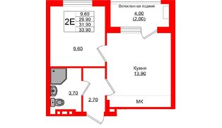 Квартира в ЖК «Кроны и Волны», 1 комнатная, 31.9 м², 2 этаж