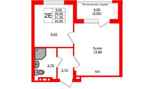 Квартира в ЖК «Кроны и Волны», 1 комнатная, 31.9 м², 4 этаж