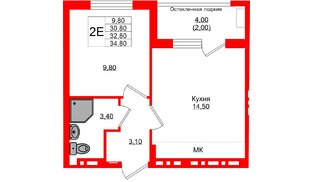Квартира в ЖК «Кроны и Волны», 1 комнатная, 32.8 м², 4 этаж