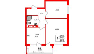 Квартира в ЖК Кроны и Волны, 2 комнатная, 48.7 м², 2 этаж