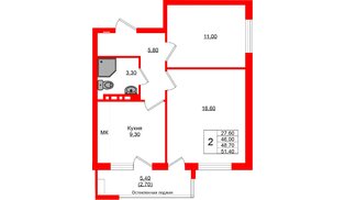 Квартира в ЖК Кроны и Волны, 2 комнатная, 48.7 м², 3 этаж