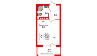 Квартира в ЖК Кроны и Волны, студия, 22.4 м², 2 этаж