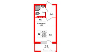 Квартира в ЖК Кроны и Волны, студия, 22.4 м², 3 этаж