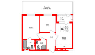 Квартира в ЖК Кроны и Волны, 2 комнатная, 58.1 м², 1 этаж