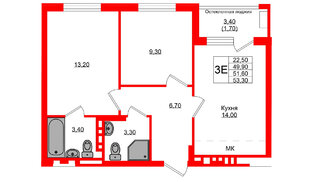 Квартира в ЖК Кроны и Волны, 2 комнатная, 51.6 м², 2 этаж
