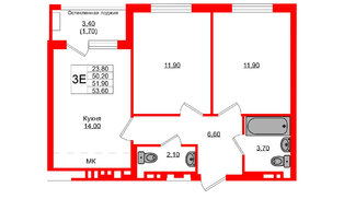 Квартира в ЖК Кроны и Волны, 2 комнатная, 51.9 м², 3 этаж