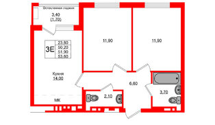 Квартира в ЖК Кроны и Волны, 2 комнатная, 51.9 м², 4 этаж