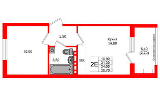 Квартира в ЖК Кроны и Волны, 1 комнатная, 34 м², 1 этаж