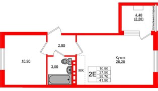 Квартира в ЖК Кроны и Волны, 1 комнатная, 39.7 м², 4 этаж