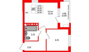 Квартира в ЖК Кроны и Волны, 1 комнатная, 34.6 м², 2 этаж