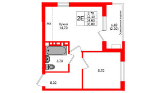 Квартира в ЖК Кроны и Волны, 1 комнатная, 34.6 м², 3 этаж