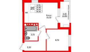 Квартира в ЖК Кроны и Волны, 1 комнатная, 34.6 м², 4 этаж