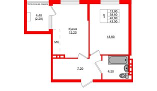 Квартира в ЖК Кроны и Волны, 1 комнатная, 40.8 м², 3 этаж