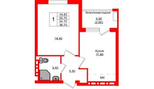 Квартира в ЖК Кроны и Волны, 1 комнатная, 34.7 м², 3 этаж