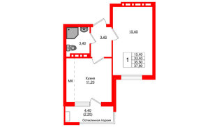 Квартира в ЖК Кроны и Волны, 1 комнатная, 35.6 м², 1 этаж