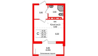 Квартира в ЖК Кроны и Волны, студия, 24.1 м², 2 этаж