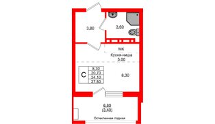 Квартира в ЖК Кроны и Волны, студия, 24.1 м², 3 этаж