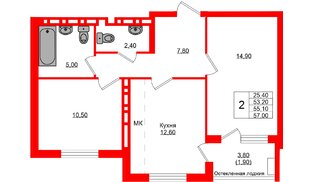 Квартира в ЖК Кроны и Волны, 2 комнатная, 55.1 м², 2 этаж