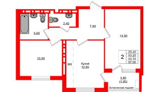 Квартира в ЖК Кроны и Волны, 2 комнатная, 55.1 м², 3 этаж