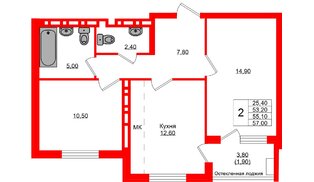Квартира в ЖК Кроны и Волны, 2 комнатная, 55.1 м², 4 этаж