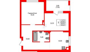 Квартира в ЖК Васильки, 1 комнатная, 64.4 м², 1 этаж