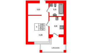 Квартира в ЖК Парковый, 1 комнатная, 36 м², 4 этаж