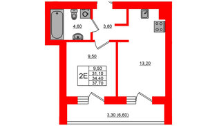 Квартира в ЖК Парковый, 1 комнатная, 34.4 м², 4 этаж