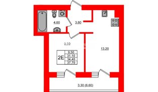 Квартира в ЖК «Парковый», 1 комнатная, 34.4 м², 4 этаж